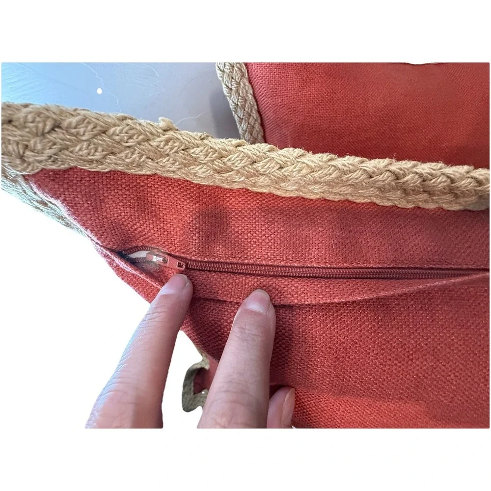 2x Pottery Barn 20x20 Linen Pillows Coral Terracotta Unique Sage Jute Trim Zip